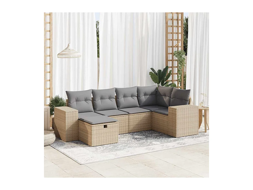 6 peças conjunto de sofás para jardim com almofadões vime PE bege