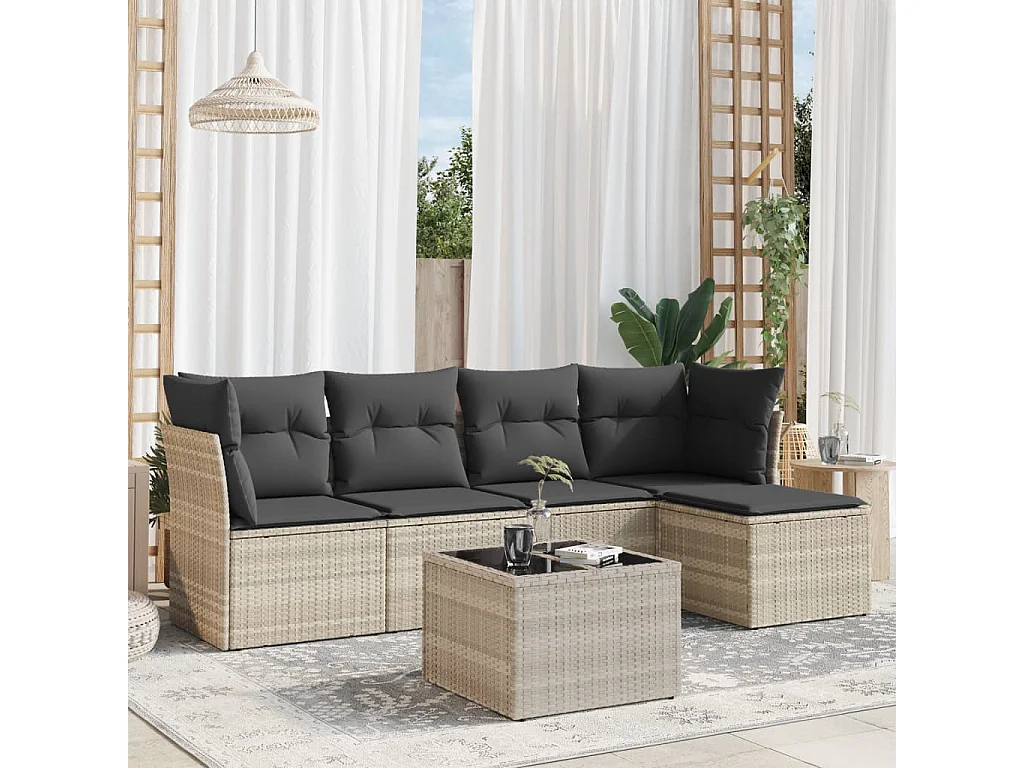 Salon de jardin 6 pièces avec coussins gris clair résine tressée