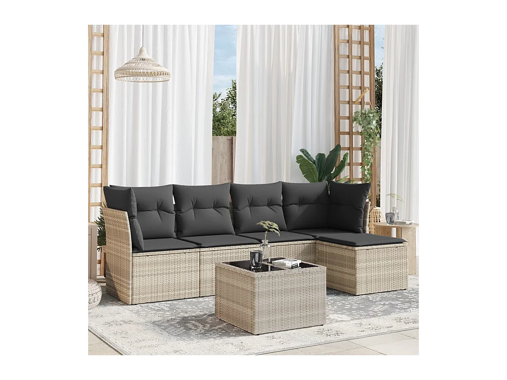 6-delige Loungeset met kussens poly rattan lichtgrijs