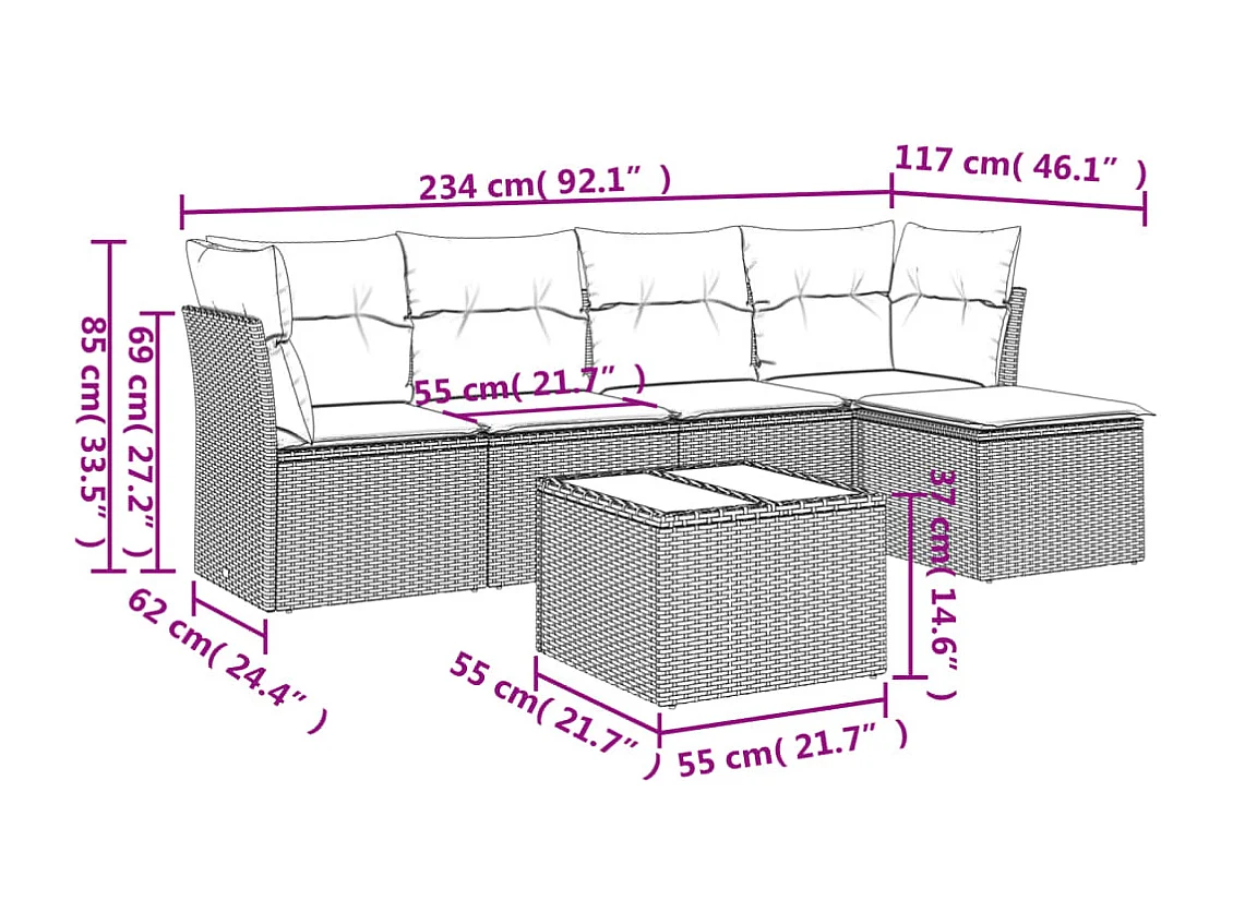 Salon de jardin 6 pièces avec coussins gris clair résine tressée