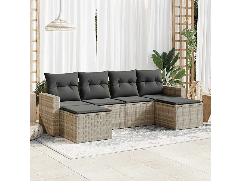 Salon de jardin 6 pièces avec coussins gris clair résine tressée