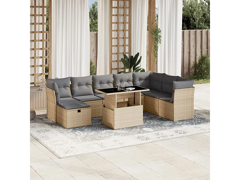 Salon de jardin avec coussins 9 pièces beige résine tressée