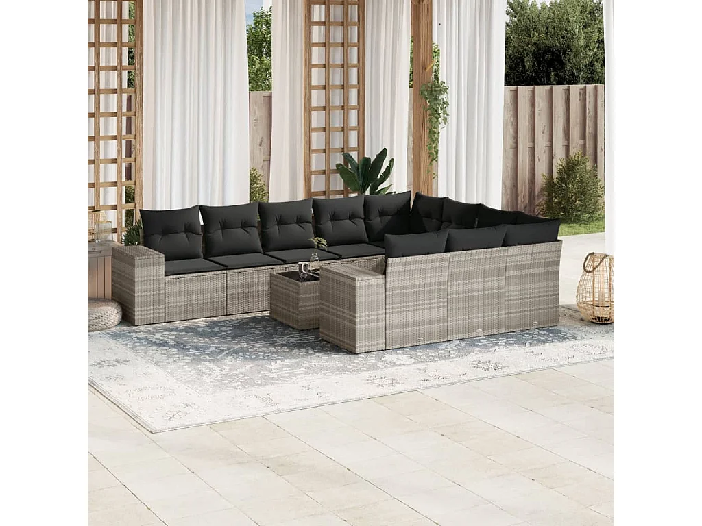 11-delige Loungeset met kussens poly rattan lichtgrijs