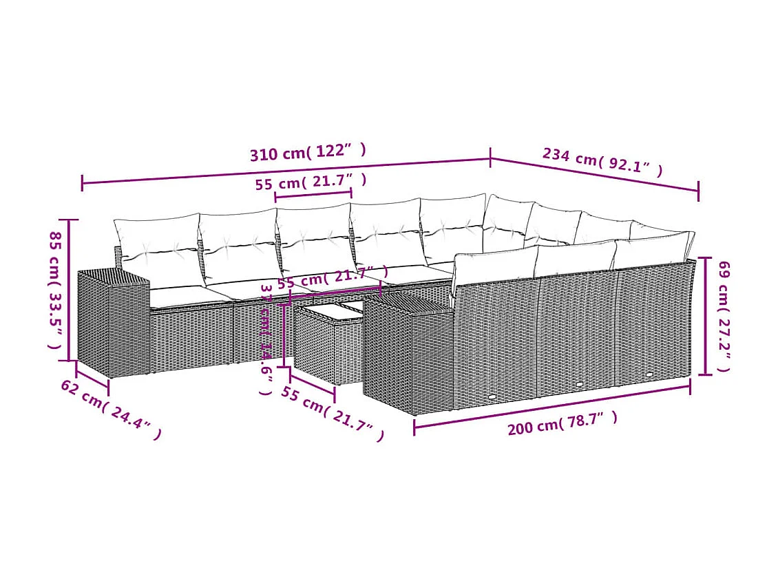 11-delige Loungeset met kussens poly rattan lichtgrijs