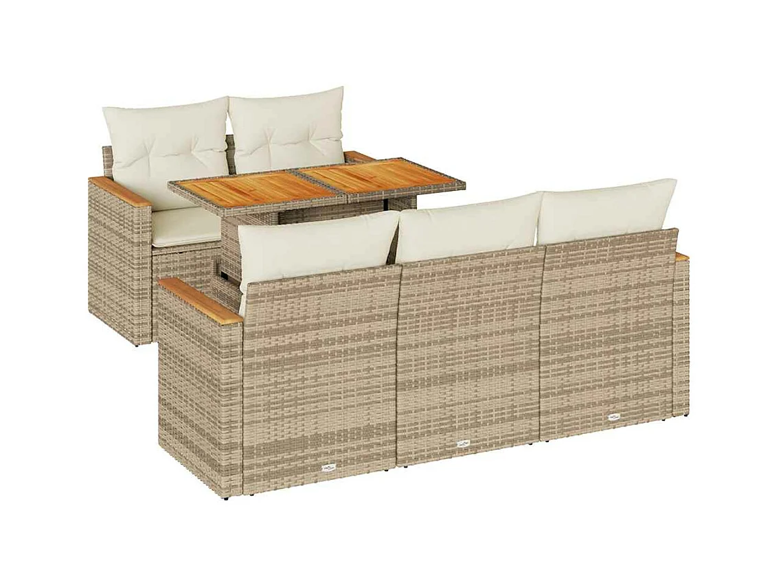 Salon de jardin 6 pièces avec coussins beige résine tressée acacia