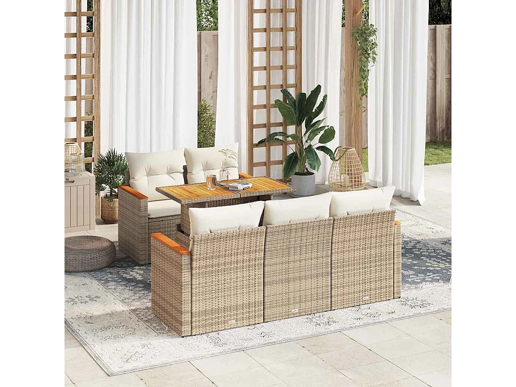 6-delige Loungeset met kussens poly rattan acacia beige