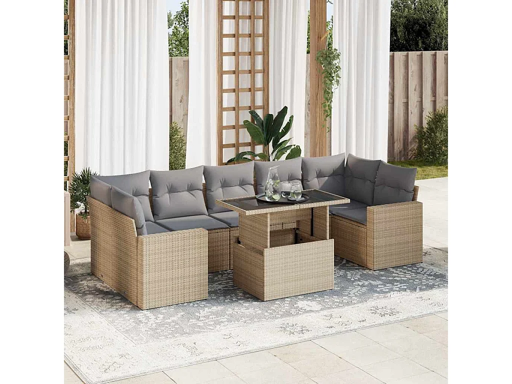 Salon de jardin avec coussins 8 pièces beige résine tressée