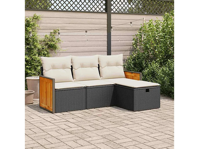 4-delige Loungeset met kussens poly rattan zwart