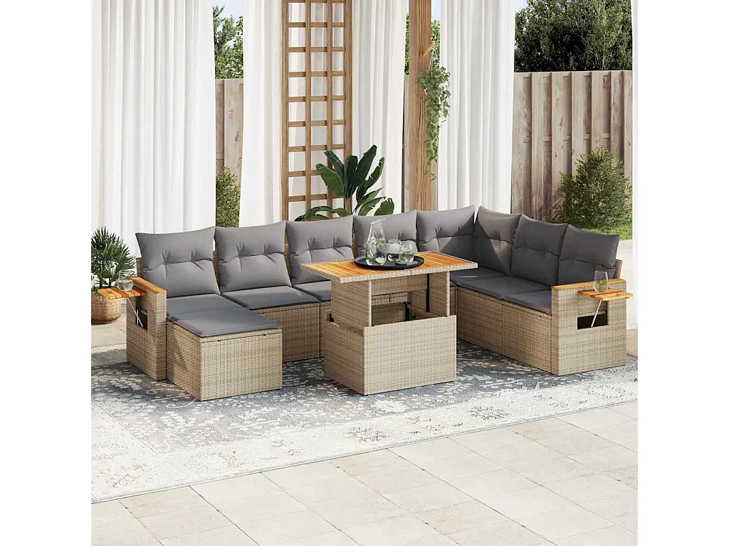 9-delige Loungeset met kussens poly rattan acacia beige