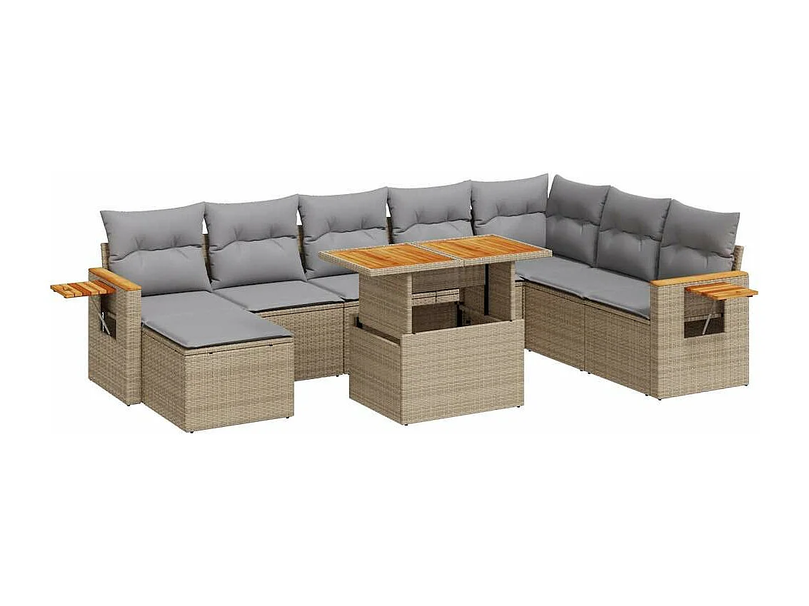 9-delige Loungeset met kussens poly rattan acacia beige