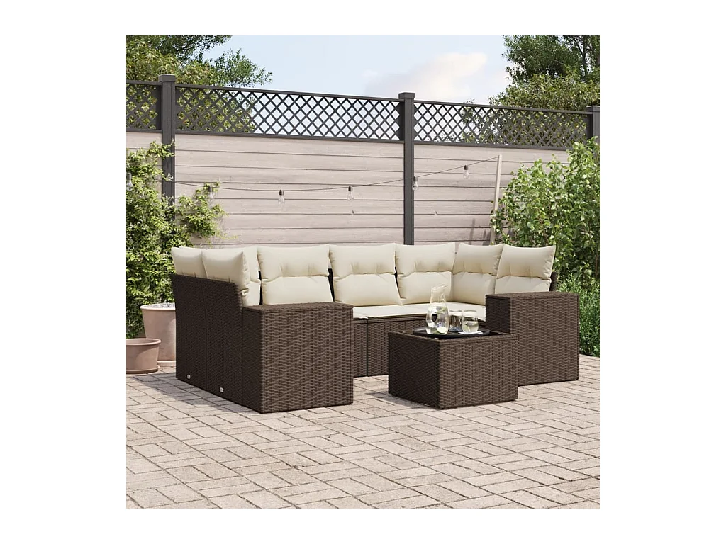 7-delige Loungeset met kussens poly rattan bruin
