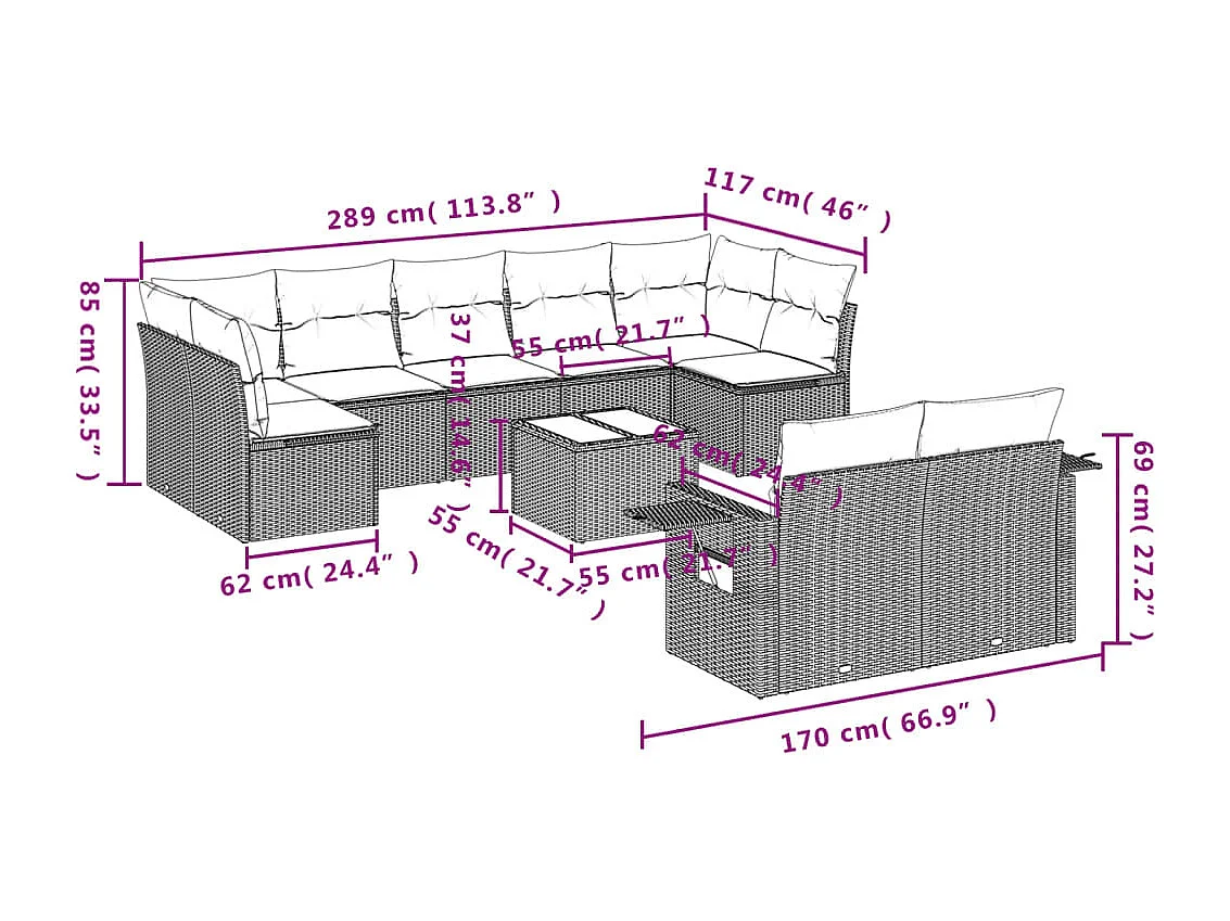 Salon de jardin 10 pièces avec coussins marron résine tressée