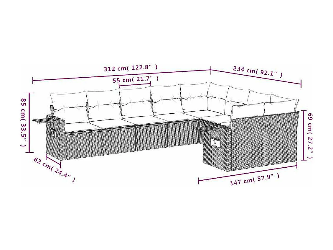 Set muebles jardín 9 piezas y cojines ratán sintético gris claro