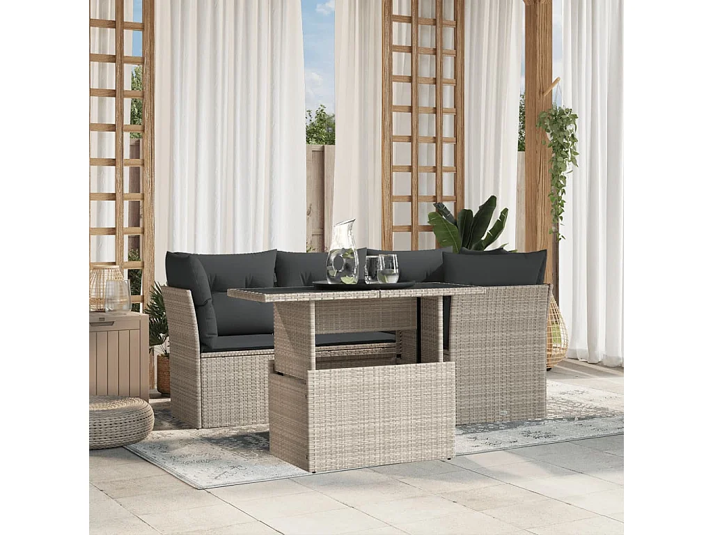 Salon de jardin 5 pièces avec coussins gris clair résine tressée