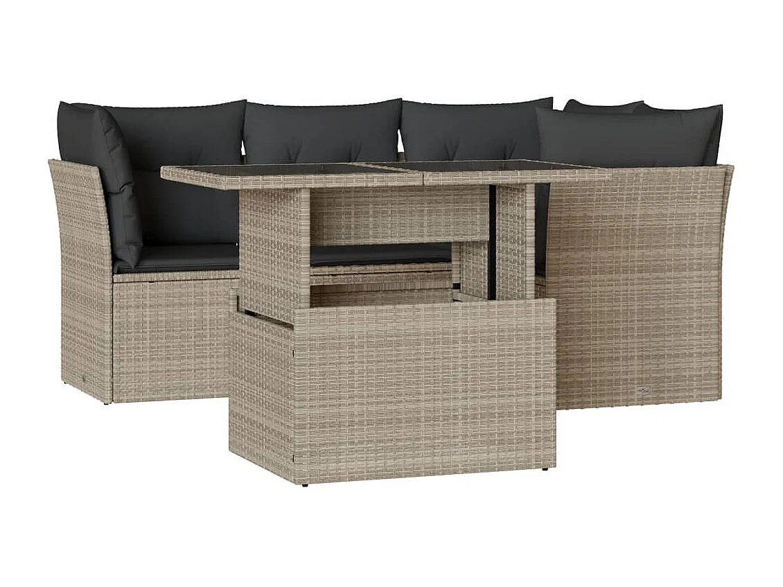 Salon de jardin 5 pièces avec coussins gris clair résine tressée