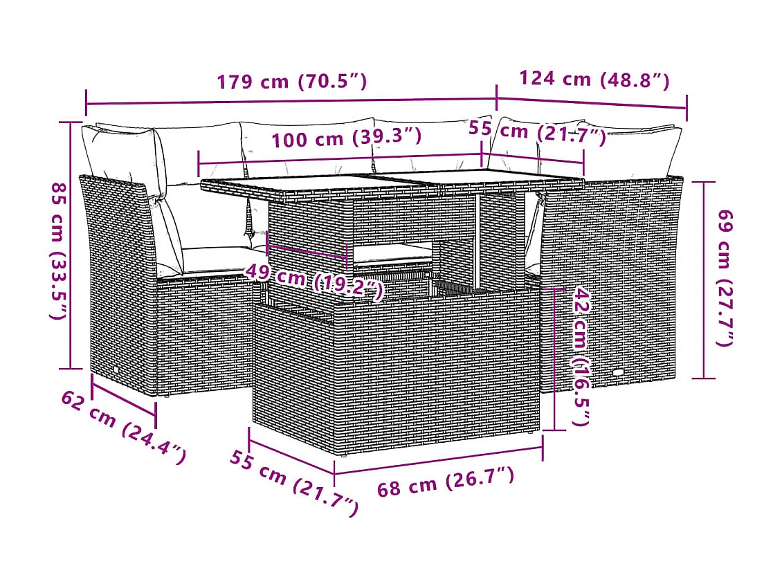 Salon de jardin 5 pièces avec coussins gris clair résine tressée