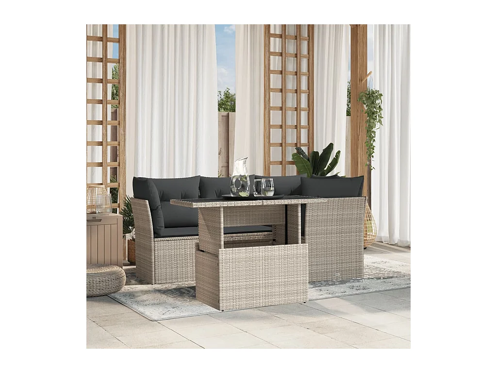 Salon de jardin 5 pièces avec coussins gris clair résine tressée