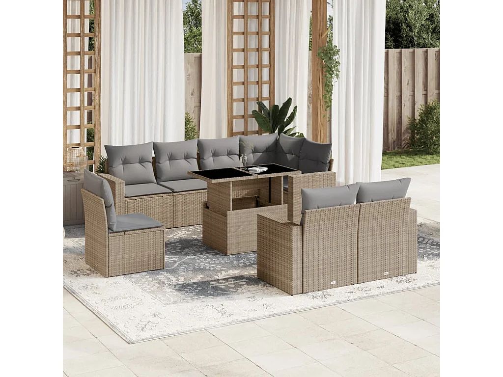 Salon de jardin avec coussins 9 pièces beige résine tressée