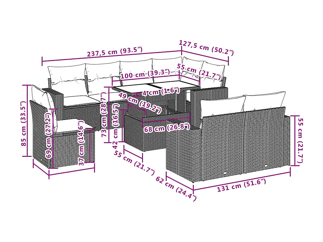 Salon de jardin avec coussins 9 pièces beige résine tressée