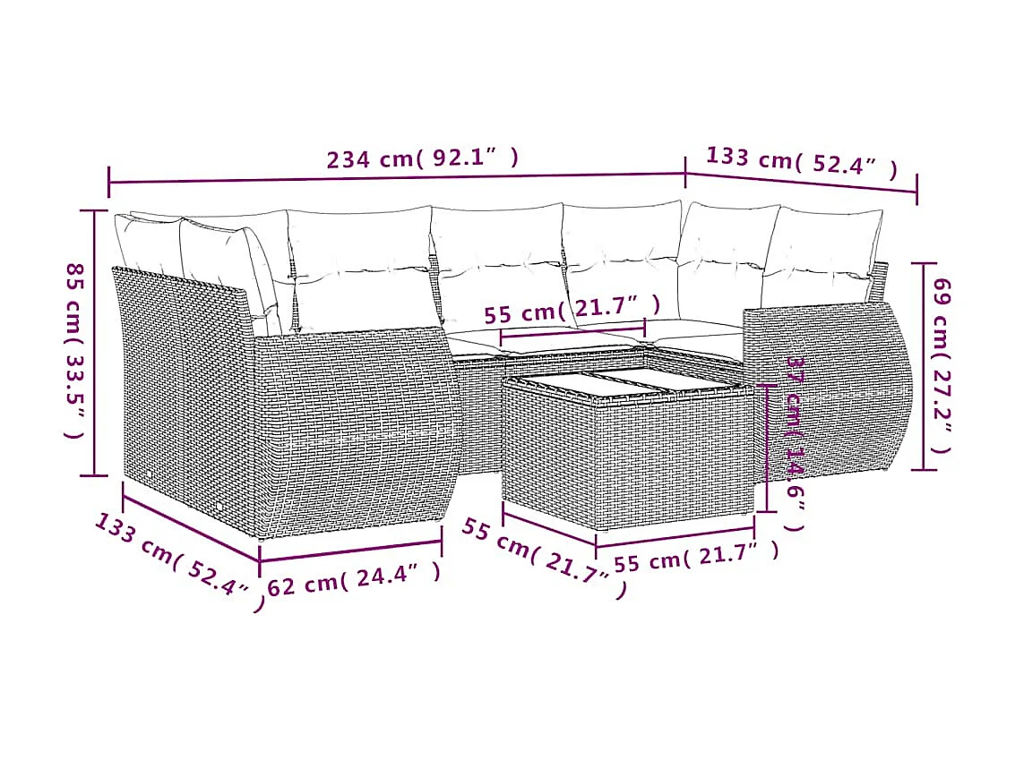 Salon de jardin avec coussins 7 pièces gris clair résine tressée