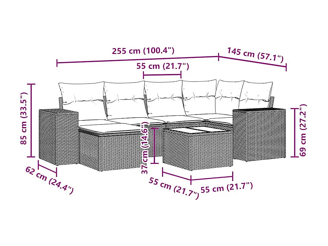 Salon de jardin avec coussins 7 pièces gris clair résine tressée