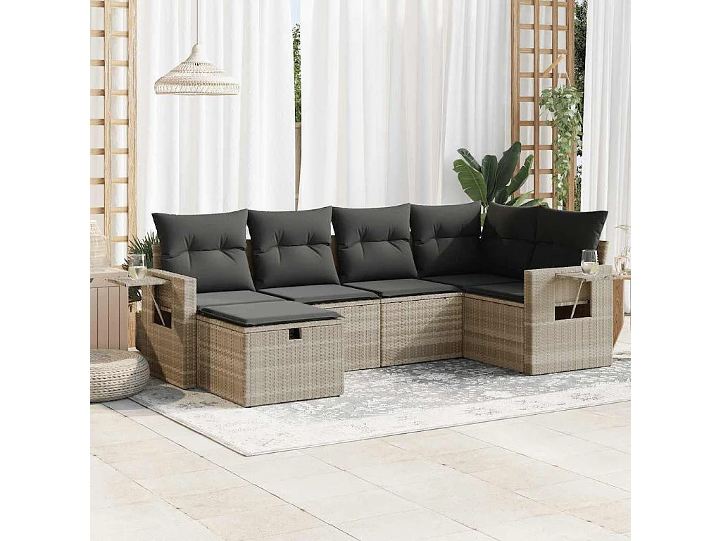 6 peças conj. sofás jardim com almofadões vime PE cinzento-claro