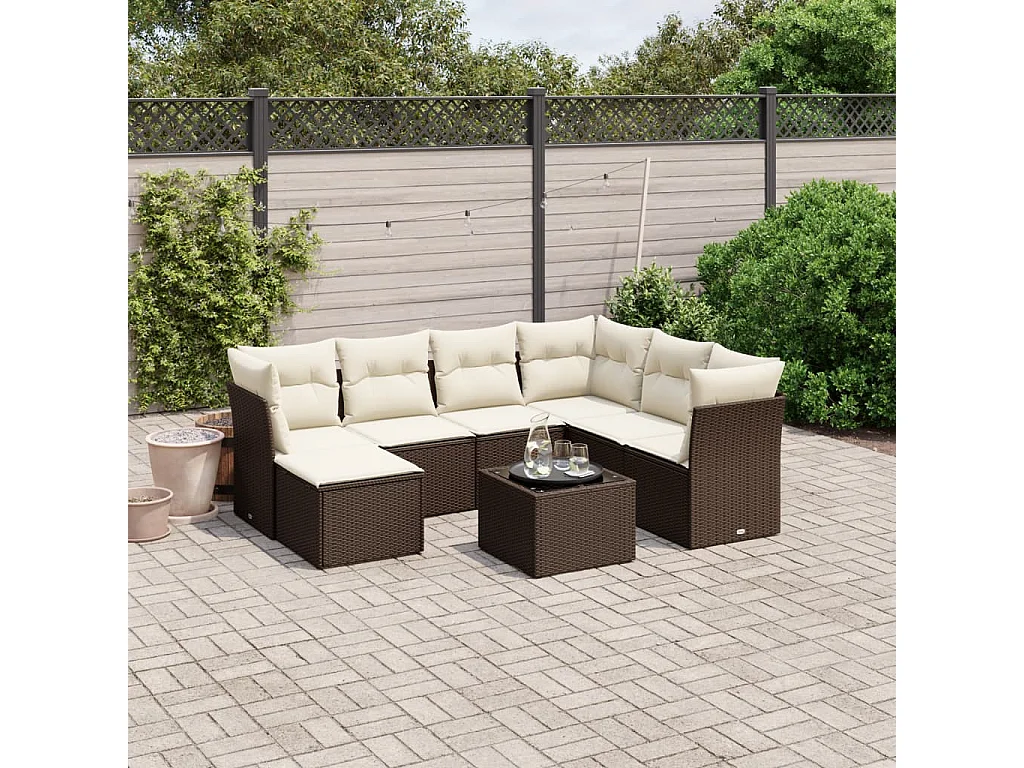 8 peças conjunto sofás de jardim com almofadões vime PE castanho