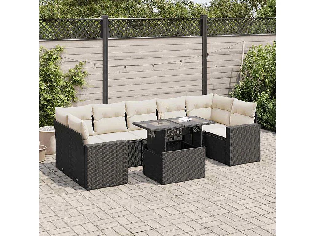 Salon de jardin 8 pièces avec coussins noir résine tressée
