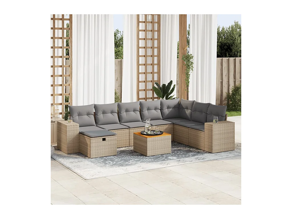 9 peças conjunto de sofás para jardim com almofadões vime PE bege
