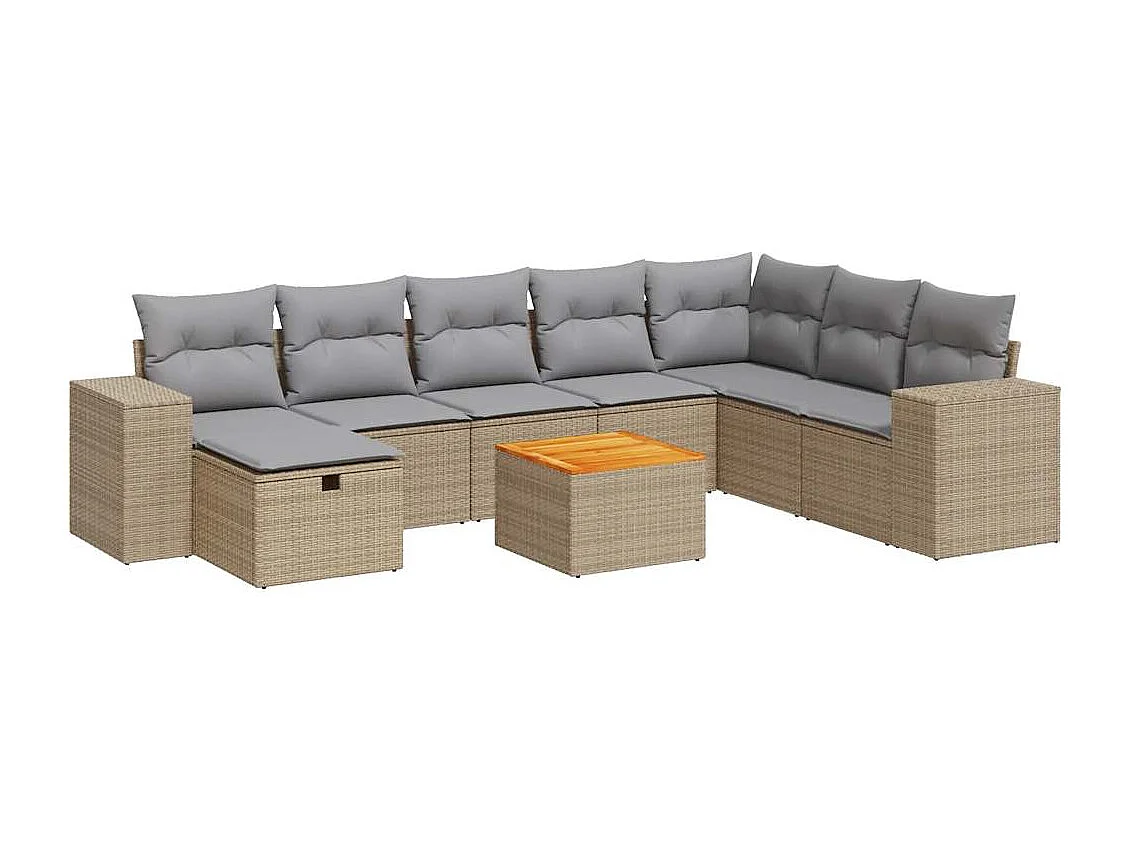 9-delige Loungeset met kussens poly rattan beige