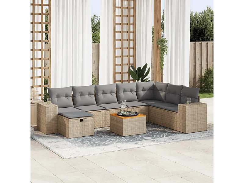 9-delige Loungeset met kussens poly rattan beige