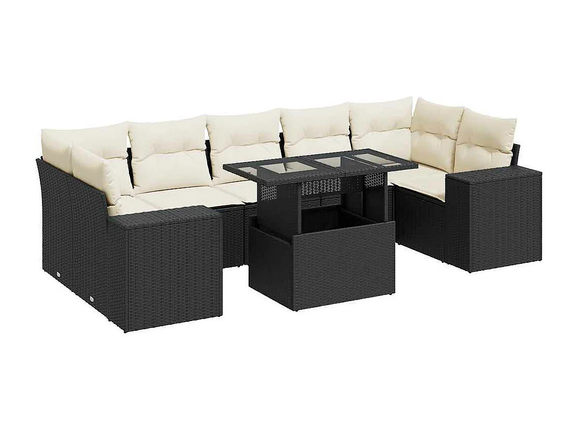 Salon de jardin 8 pièces avec coussins noir résine tressée