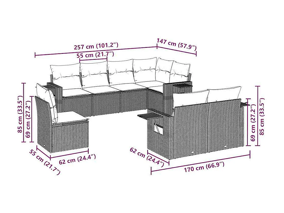 8-delige Loungeset met kussens poly rattan lichtgrijs