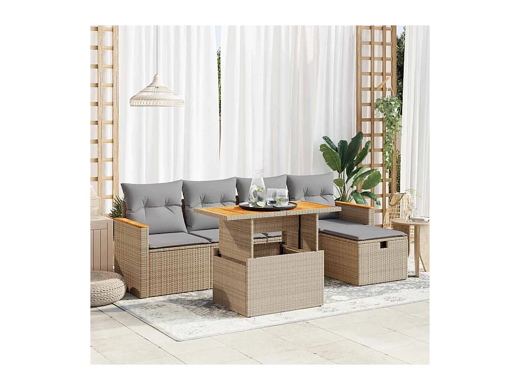 6-delige Loungeset met kussens poly rattan beige