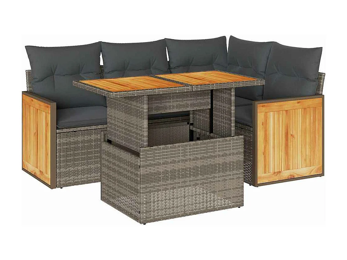 5-delige Loungeset met kussens poly rattan acacia grijs