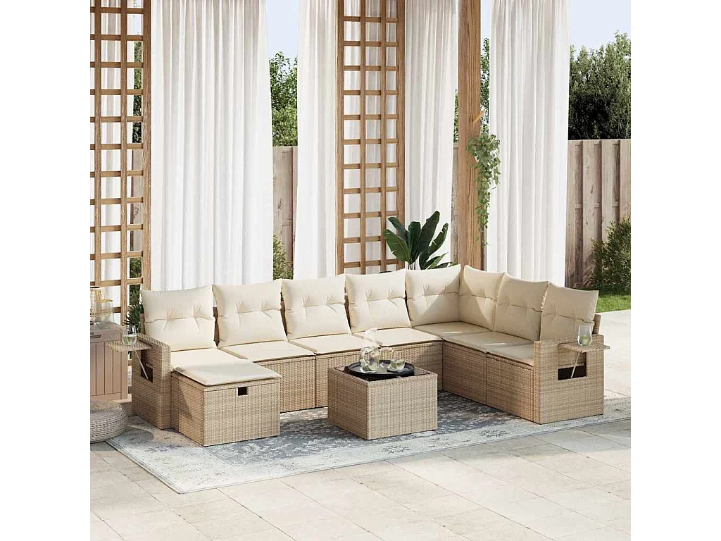 9 peças conjunto de sofás para jardim com almofadões vime PE bege