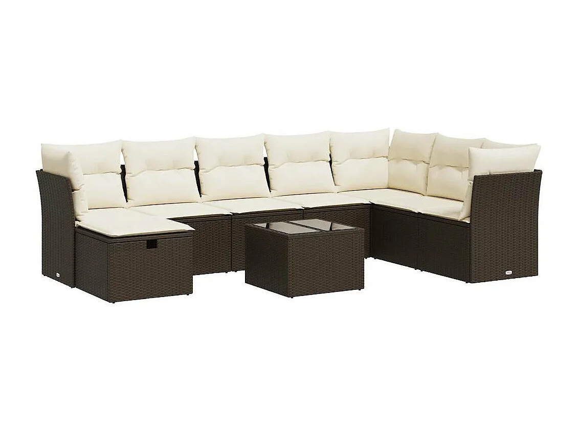 Set de sofás de jardín 9 piezas y cojines ratán sintético marrón