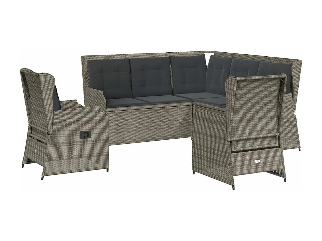 Set de muebles de jardín 5 piezas y cojines ratán sintético gris