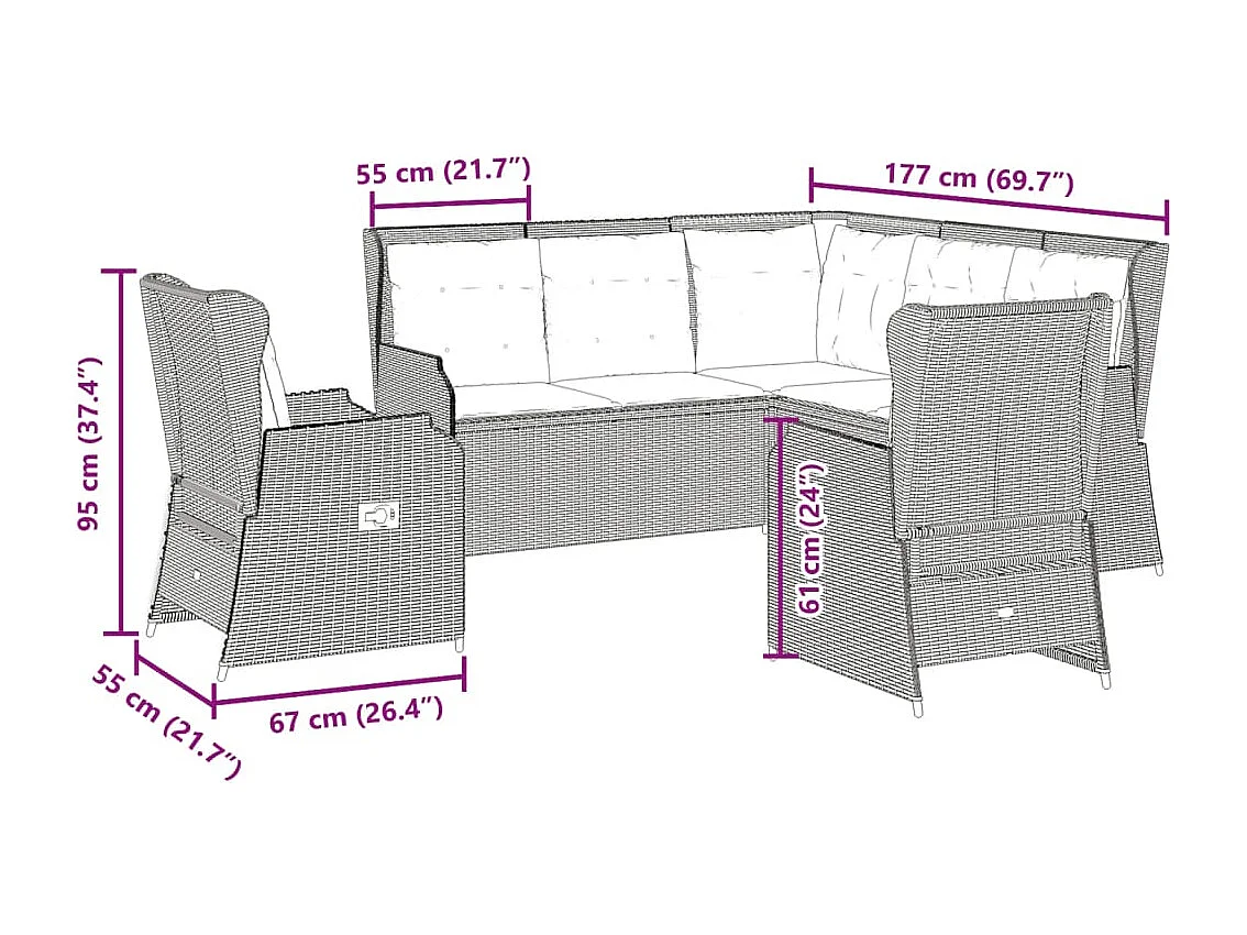 Set de muebles de jardín 5 piezas y cojines ratán sintético gris