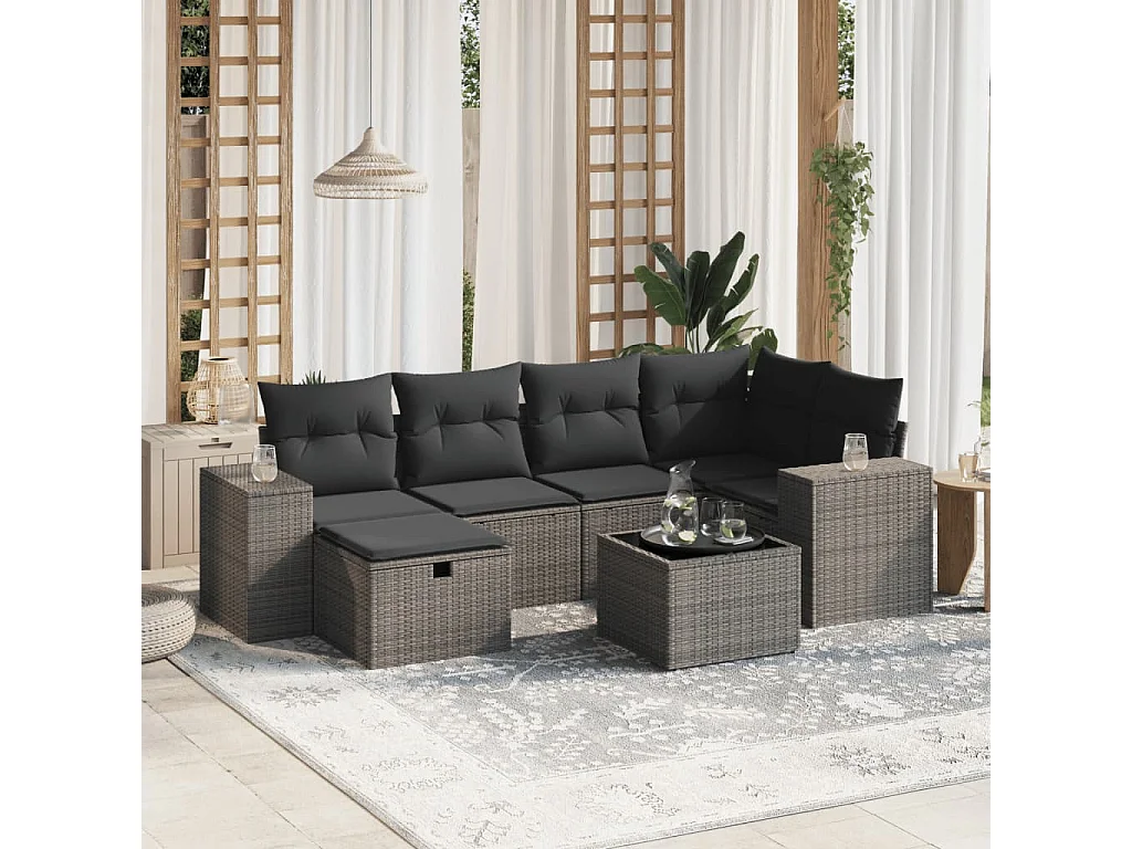 Set de sofás de jardín 7 piezas con cojines ratán PE gris claro