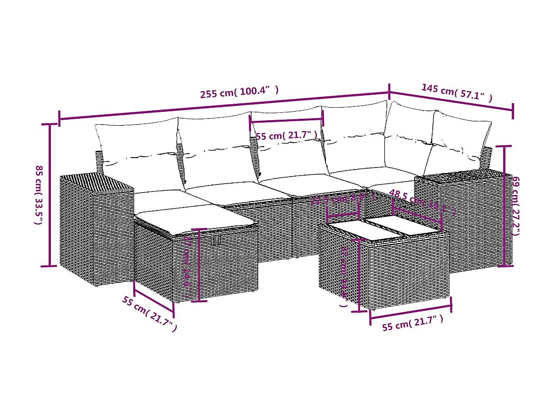 Set de sofás de jardín 7 piezas con cojines ratán PE gris claro
