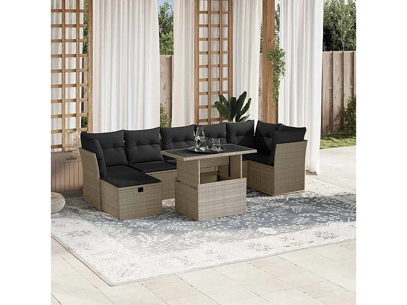 Salon de jardin 8 pièces avec coussins gris clair résine tressée