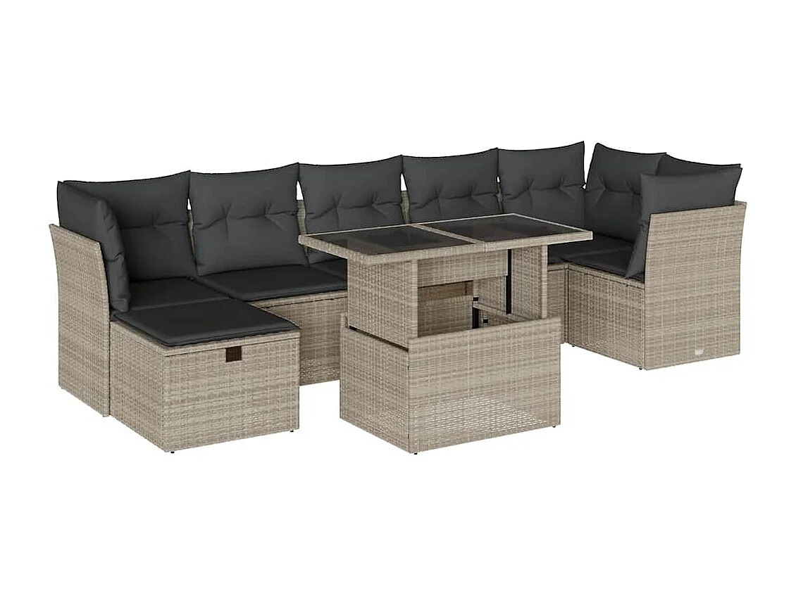 Salon de jardin 8 pièces avec coussins gris clair résine tressée