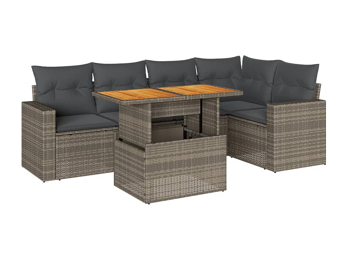 6-delige Loungeset met kussens poly rattan grijs
