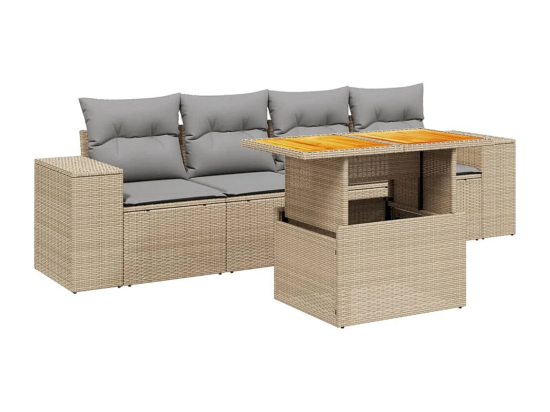 5 peças conjunto de sofás para jardim com almofadões vime PE bege