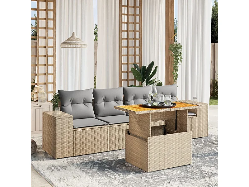 5 peças conjunto de sofás para jardim com almofadões vime PE bege