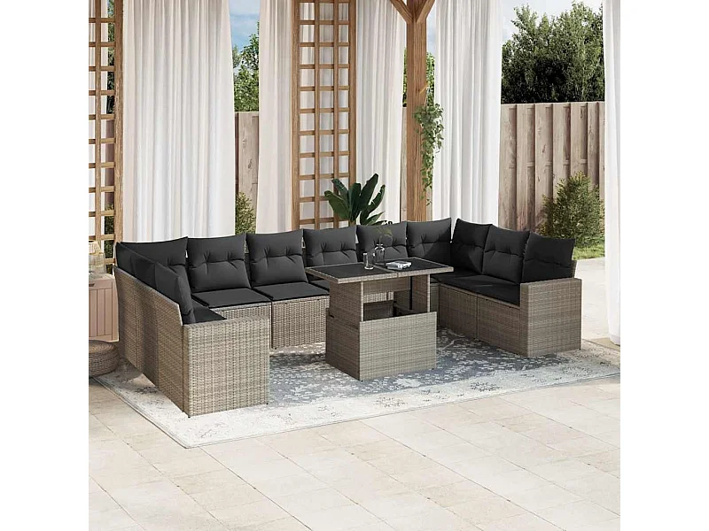Salon de jardin 11 pièces avec coussins gris clair résine tressée
