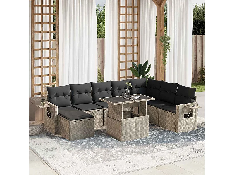 Set muebles jardín 9 piezas y cojines ratán sintético gris claro