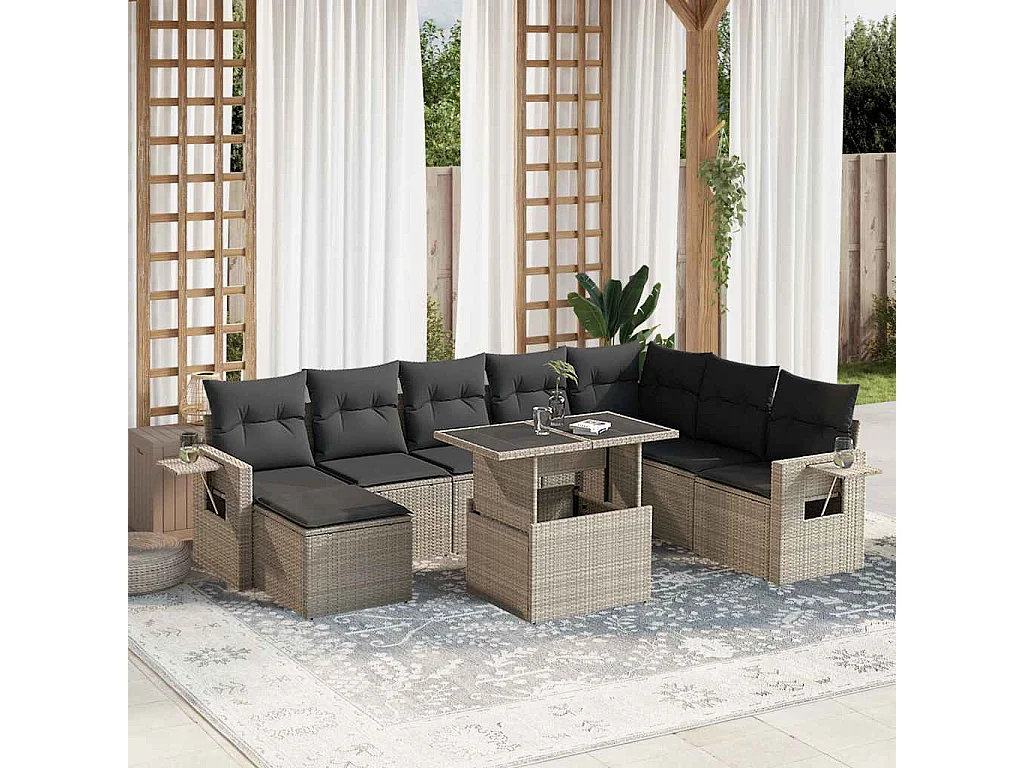 Set muebles jardín 9 piezas y cojines ratán sintético gris claro
