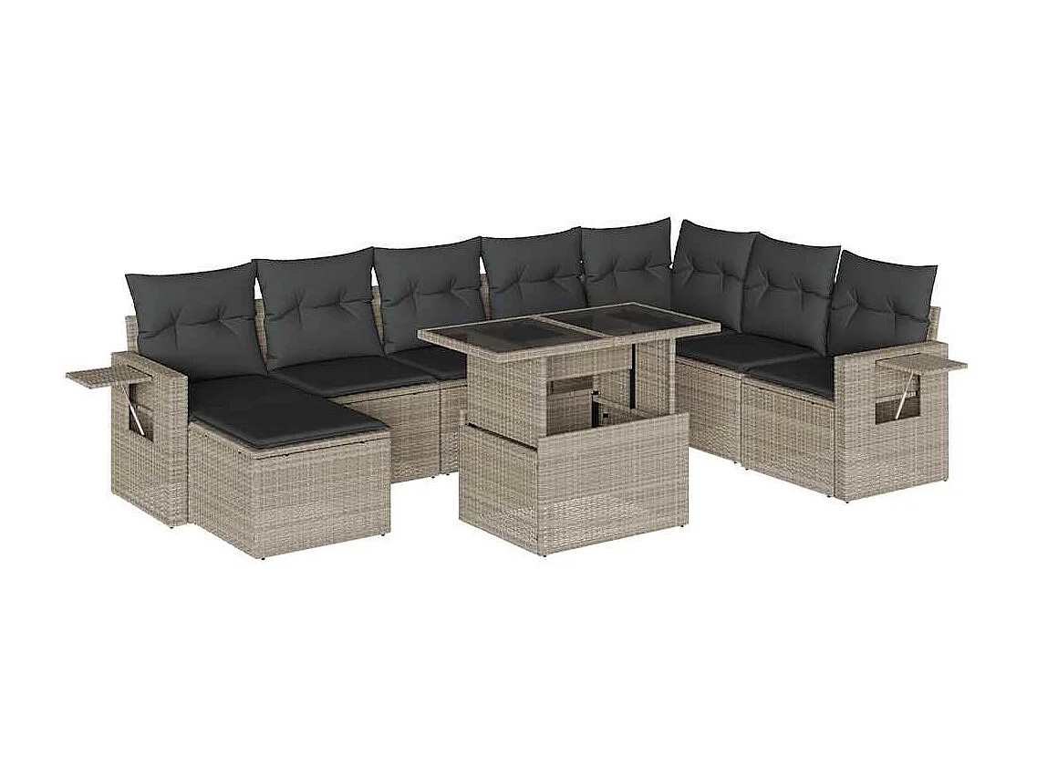 Set muebles jardín 9 piezas y cojines ratán sintético gris claro